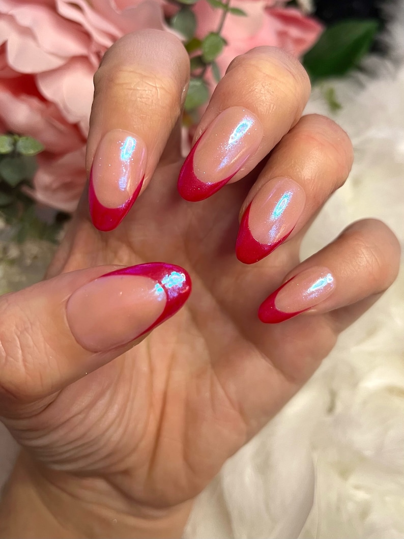 Hailey Bieber Red Tip Chrome Press on Nails, Red Tip Nails, Acrylic Nails, Press on Nails, Fake Nails, Chrome zdjęcie 3