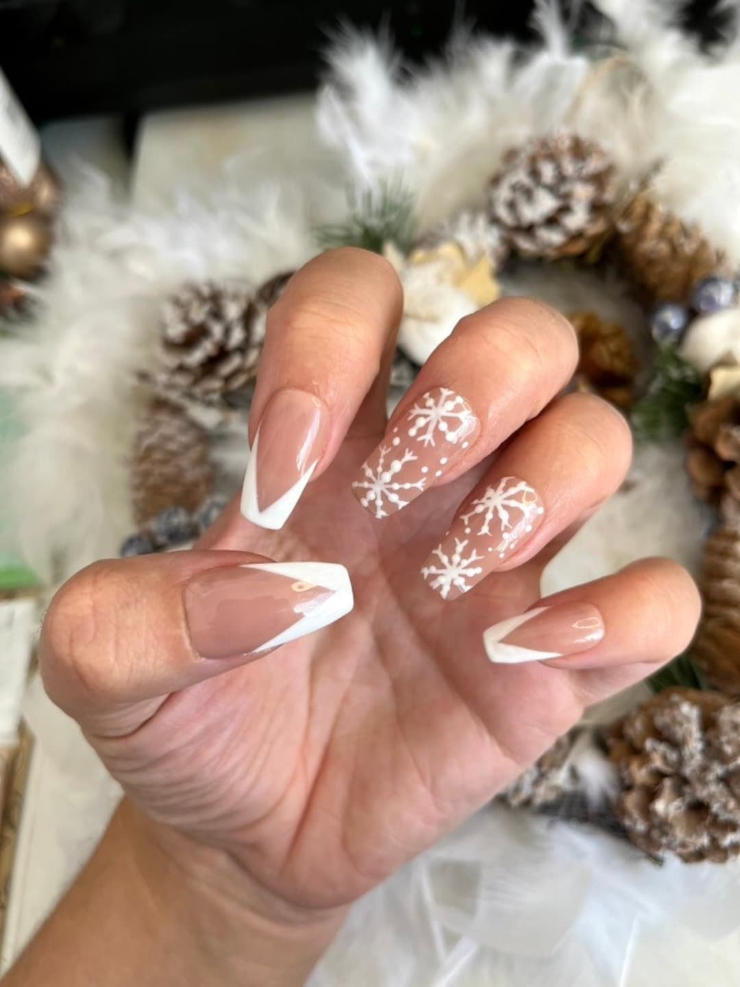 White French Christmas Nails, Christmas Press on Nails. French Tip
