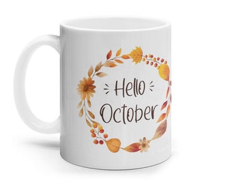Bonjour tasse d’octobre, tasse d’automne, tasse de feuilles d’automne, tasse à café, tasse en céramique personnalisée, tasse d’octobre