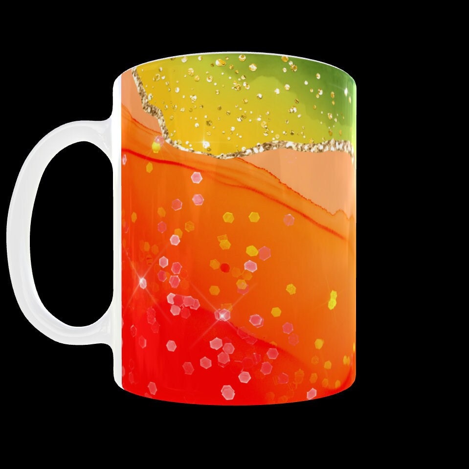 Rainbow Glitter Agate Mug: Alcohol Ink Marble Art, 11oz Ceramic