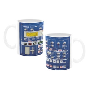 May include: A white ceramic mug featuring a blue and white image of a Korg EMX-1 music production sampler. The image depicts the front panel of the sampler, showcasing buttons, knobs, and a digital display.