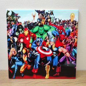 May include: A colorful illustration of various superheroes, including Spider-Man, Captain America, Iron Man, Hulk, Thor, Wolverine, and more. The image is set against a blue sky background with clouds.