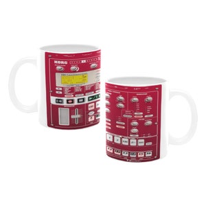 May include: A white ceramic mug featuring a red and black Korg Electribe sampler design. The mug displays a detailed image of the sampler's front panel, including buttons, knobs, and a digital display. The text "KORG ELECTRIBE" and "FSX-1" are visible on the mug.