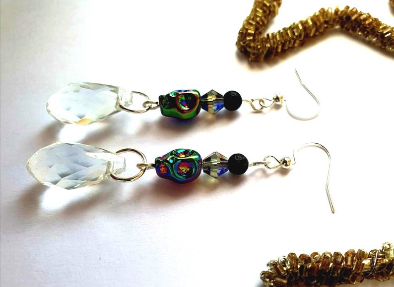 crystal Skull glass lava sterling silver earrings