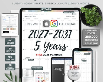 以下が含まれることがあります： タブレットとスマートフォンに表示された2027年から2031年までの5年間のデジタルカスタムデイリープランナー。インターフェースには、月間カレンダー、AppleおよびGoogleカレンダーとの連携、28万個のハイパーリンク、3200ページ、無料の2026年プランナーが含まれています。