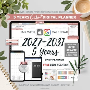 Puede incluir: Una agenda digital mostrada en una pantalla de tableta y teléfono inteligente, con el texto 5 YEARS CUSTOM DIGITAL PLANNER 2027-2031. La interfaz incluye navegación de calendario, secciones de presupuesto, diseños semanales y diarios, e iconos para la integración de Apple y Google Calendar. Destaca más de 280,000 hipervínculos, 3,200 páginas, e incluye una agenda 2026 gratuita y conjuntos de pegatinas.