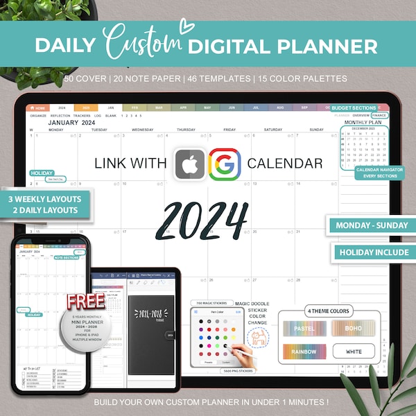 2024 Digital Planner, Goodnotes Planner, Hyperlinked Planner, Daily planner, Apple Reminder Digital Planner, Google Calendar, Magic Stickers