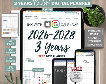 Digital Planner, Goodnotes Planner, Portrait Digital Planner, 2026 2027 2028, ipad planner, Hyperlinked Planner, Digital Calendar, Stickers