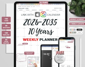 Digital Weekly Planner Goodnotes, 2026 - 2035 Ten Years, ipad planner, Goodnotes Planner, Digital Calendar Planner, Portrait Digital Planner
