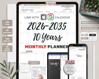 Digital Monthly Planner Goodnotes, 2026 - 2035 Ten Years, ipad planner, Goodnotes Planner, Digital Life Planner, Portrait Digital Planner