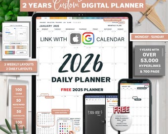 2026 Digital Planner, Goodnotes Planner, Hyperlinked Planner, Daily planner, Digital Planner Portrait, Apple Reminder, Google Calendar