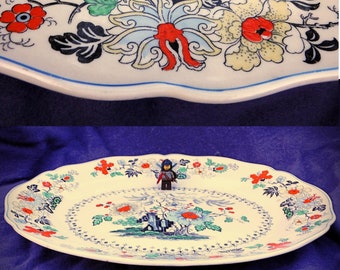 1930s art deco fine china - Royal Doulton "The Granville" - large platter - beige with multicolor Asian motifs - floral - waterfall - 1936