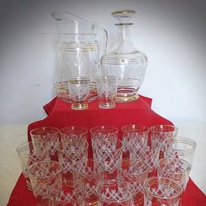 1950s French-made mid-century artisan hand-blown glassware set: Decanter, Rocks Glasses in various sizes - pitcher included free of charge