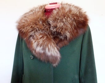 Early 70s Size S/M Vintage French forest green wool overcoat - above the knee- fox fur collar  - very good condition - everything original