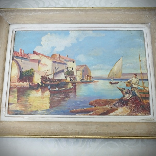 Antique  Oil Painting Mediterranean Fishing Village - Dated 1914 - original frame - seaside - sailing - marine - medium - Free shipping