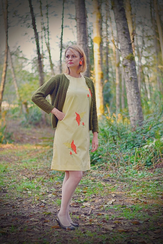 1960s Shift Dress, Light Yellow, Applique Butterfly Motifs, Lady Madeira Vintage Size 14, Above Knee, Back Zipper, Poly Cotton Blend