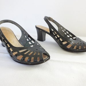 1960s French black patent leather sandals, heels, peep-toe, dancing shoes, sling-back with buckle. Leather upper, HOKI Chaussures de France