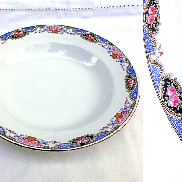 1940s French ceramic soup bowl pasta plate -  Sarreguemines et Digoin - pink rose with cornflower blue baroque motif - excellent conditon