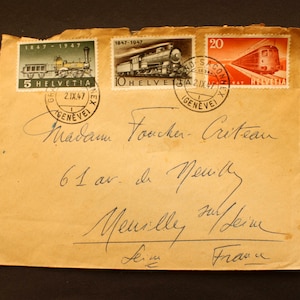 1847-1947 Busta per corrispondenza svizzera (Helvetia) con 3 francobolli, treni locomotiva