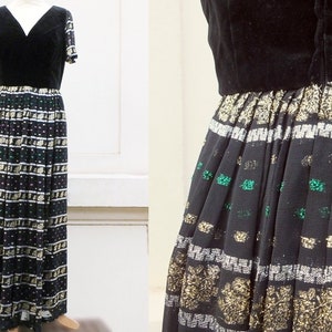 Vintage 1990s party dress, formal wear, size Medium, black velvet bodice, pleated long chiffon skirt, &quot;Rinny Modelle Hamburg&quot;, fully lined!