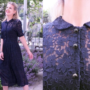 1930s navy blue silk Alencon lace dress, original glass mounted buttons, gathered half sleeves, mid-calf, elegant, excellent condition