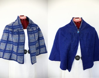 Vintage 1970s/80s French wool capelet -  perfect condition - reversible - size small - royal blue - plaid  - single button - versatile