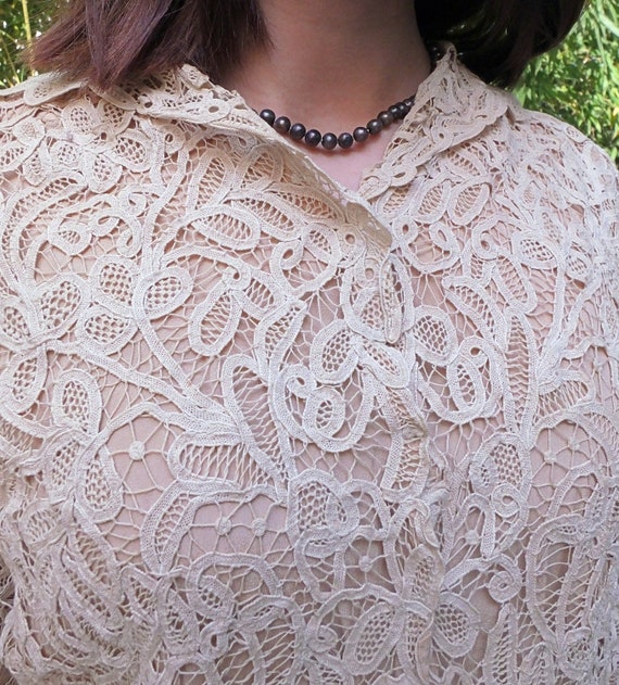 1920s antique ivory battenburg lace blouse, silk … - image 4