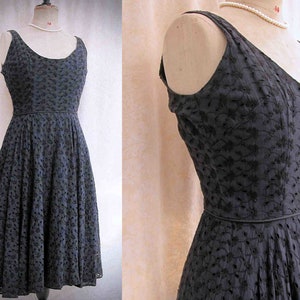 1950s classic dress - Size Medium- cotton eyelet summer dress - perfect condition - navy blue- fully lined -  full skirt,  cinched waist