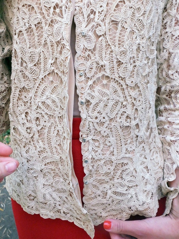 1920s antique ivory battenburg lace blouse, silk … - image 7