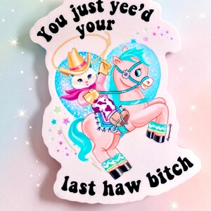 Op de afbeelding: Een gestanste sticker met een cartoonkat op een roze paard, beide gekleed in cowboykleding. De sticker heeft de tekst "You just yee'd your last haw bitch" in zwarte letters. De achtergrond is een pastelkleurige gradi&euml;nt.