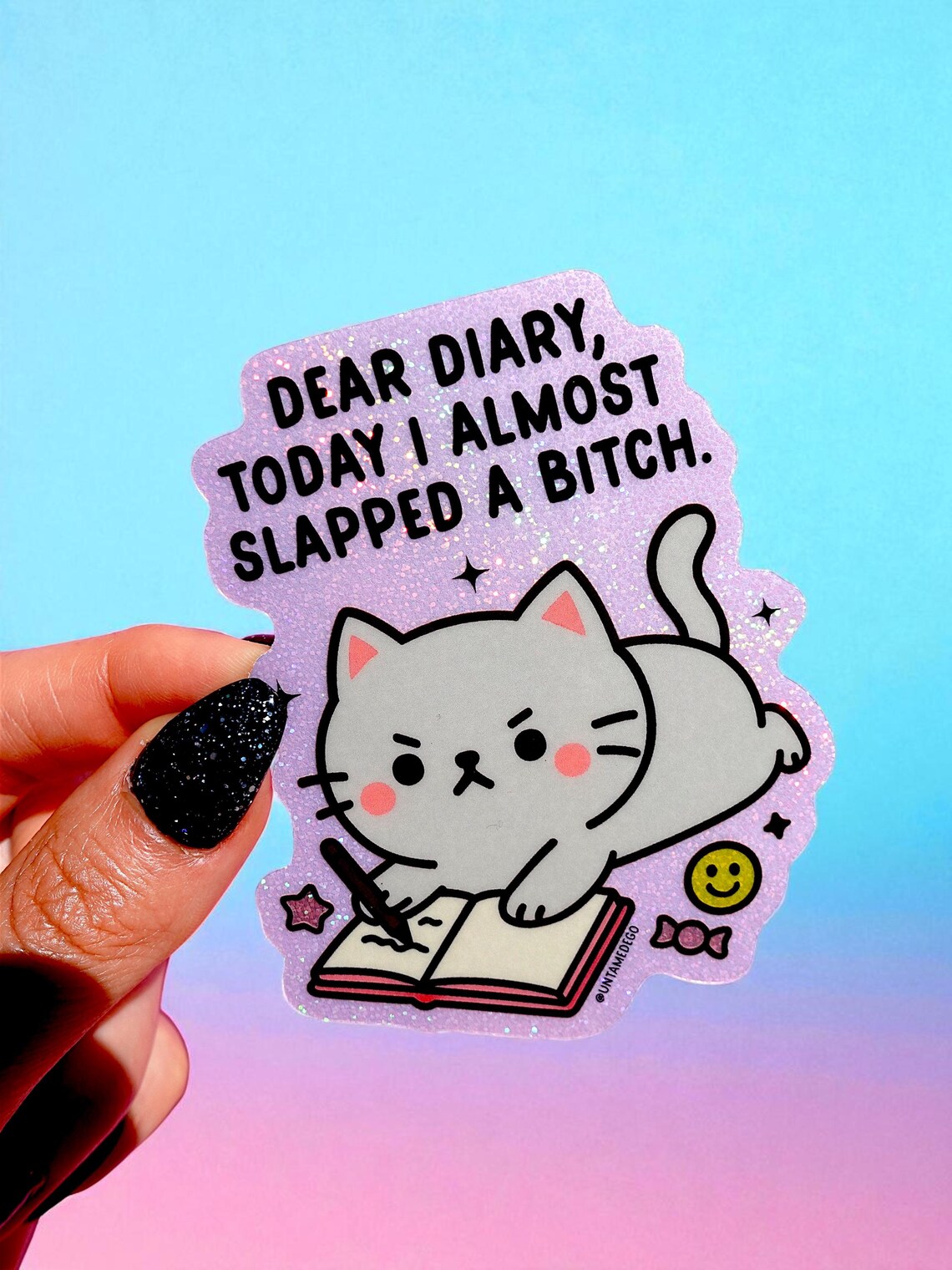 Dear Diary- Kawaii Angry Cat Holographic Sticker - Funny Quote Vinyl ...