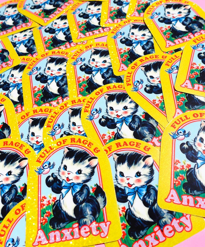 Full of Rage & Anxiety – Retro Cat Holographic Sticker