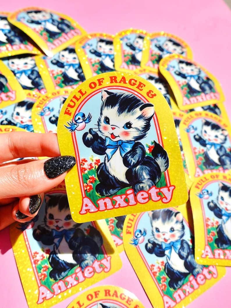 Full of Rage & Anxiety – Retro Cat Holographic Sticker