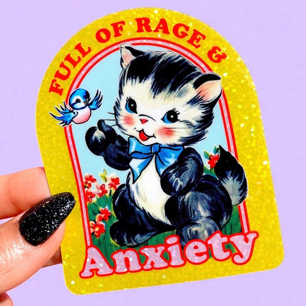 Funny Vintage Cat Glitter Sticker - Rage & Anxiety Humor Waterproof Sticker