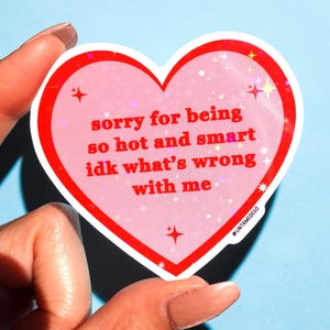 Pu&ograve; includere: Adesivo a forma di cuore con bordo rosso e interno rosa. L'adesivo riporta la scritta "sorry for being so hot and smart idk what's wrong with me" in rosso. Lo sfondo &egrave; azzurro.