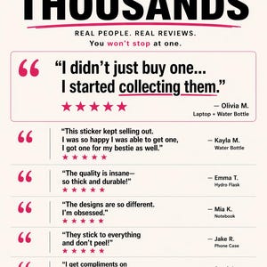 K&ouml;nnte beinhalten: Bild mit dem Text "LOVED BY THOUSANDS" und Kundenbewertungen. Die Bewertungen heben die Qualit&auml;t und das Design der Produkte hervor. Das Bild enth&auml;lt auch den Text "REAL PEOPLE. REAL REVIEWS."