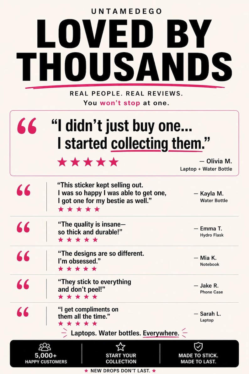 K&ouml;nnte beinhalten: Bild mit dem Text "LOVED BY THOUSANDS" und Kundenbewertungen. Die Bewertungen heben die Qualit&auml;t und das Design der Produkte hervor. Das Bild enth&auml;lt auch den Text "REAL PEOPLE. REAL REVIEWS."