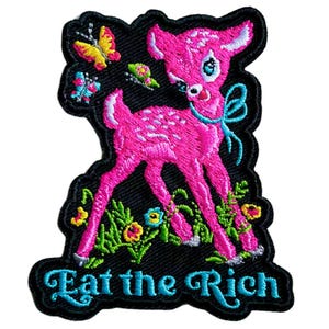 Eat the Rich Deer Embroidered Patch: Pink Anti-Capitalist Iron-On