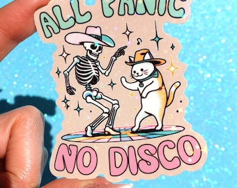 All Panic No Disco Sticker – Funny Skeleton Cat Holographic Vinyl Sticker