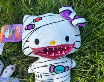 Hello kitty Halloween inspired custom handmade horror plushie mummy stuffed animal, tik tok, scary, spooky, , goth, emo, eygpt undeadpetshop