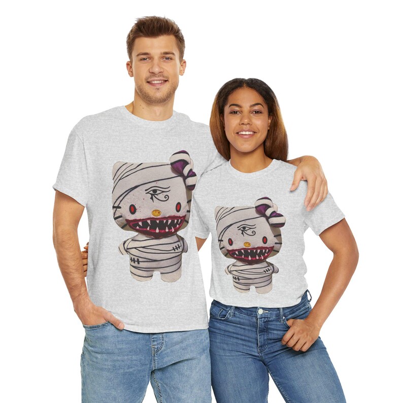 Hello Kitty Inspired Mummy T-Shirt – Glam Gore Horror Tee | Egyptian Eye & Scary Mouth | Unisex Heavyweight Undead Pet Shop Shirt Halloween image 9