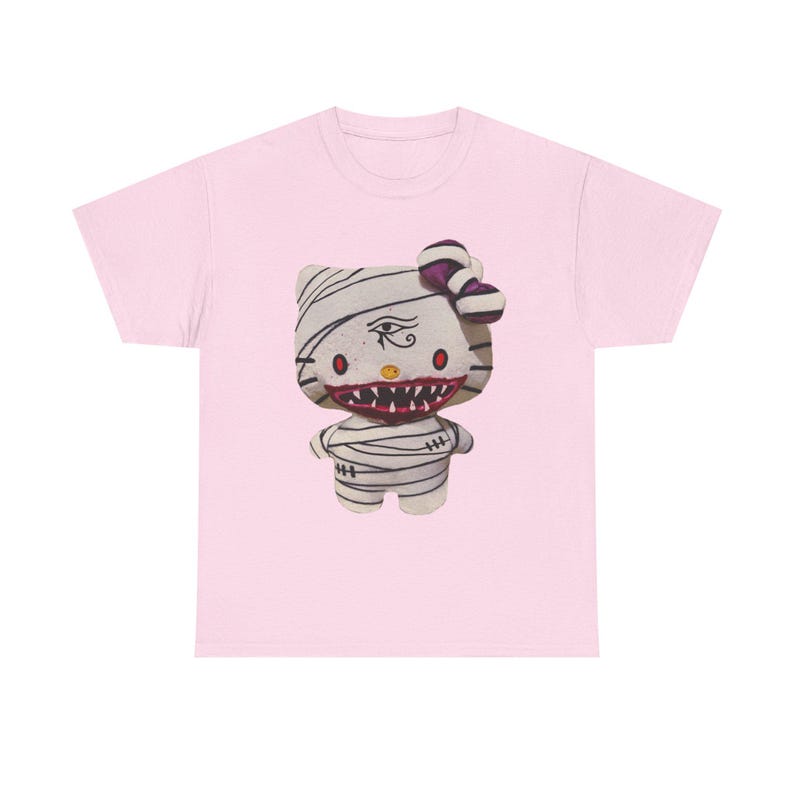 Hello Kitty Inspired Mummy T-Shirt – Glam Gore Horror Tee | Egyptian Eye & Scary Mouth | Unisex Heavyweight Undead Pet Shop Shirt Halloween image 3