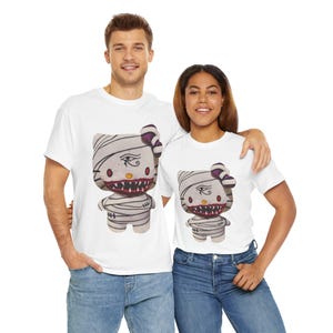 Hello Kitty Inspired Mummy T-Shirt – Glam Gore Horror Tee | Egyptian Eye & Scary Mouth | Unisex Heavyweight Undead Pet Shop Shirt Halloween image 5