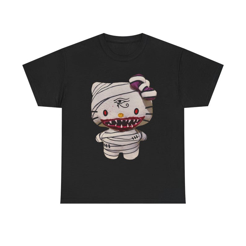 Hello Kitty Inspired Mummy T-Shirt – Glam Gore Horror Tee | Egyptian Eye & Scary Mouth | Unisex Heavyweight Undead Pet Shop Shirt Halloween image 1