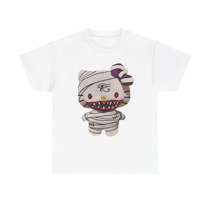 Hello Kitty Inspired Mummy T-Shirt – Glam Gore Horror Tee | Egyptian Eye & Scary Mouth | Unisex Heavyweight Undead Pet Shop Shirt Halloween image 6