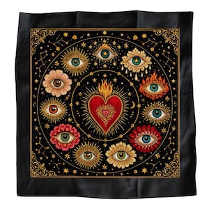 May include: Black square scarf with a celestial design. A red heart with flames is at the centre, encircled by eyes and floral designs in various colours. Gold stars and decorative borders complete the mystical aesthetic.