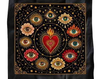 Evil Eye Tarot  Altar Cloth – Zodiac Protection Divination Mat – Sacred Heart Decor