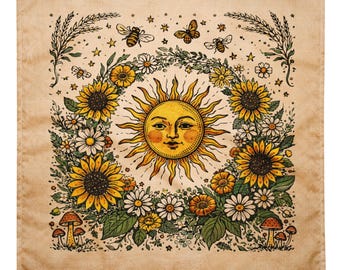 Summer Solstice Tarot Cloth – Litha Altar Cloth – Sunflower Sun Face Divination Mat – Pagan Ritual Cloth – Folk Art Tarot Reading Cloth