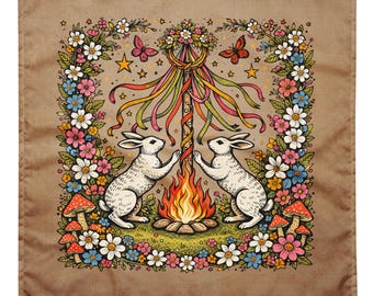 Beltane Altar Cloth – Maypole Ritual Pagan Sabbat Decor, Spring Fertility Bunnies