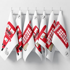 London Cat Tea Towel Set | Dish Towel Set | Kitchen Towel Set | Cat Gift Idea | 100% premium cotton tea towel with hanging loop